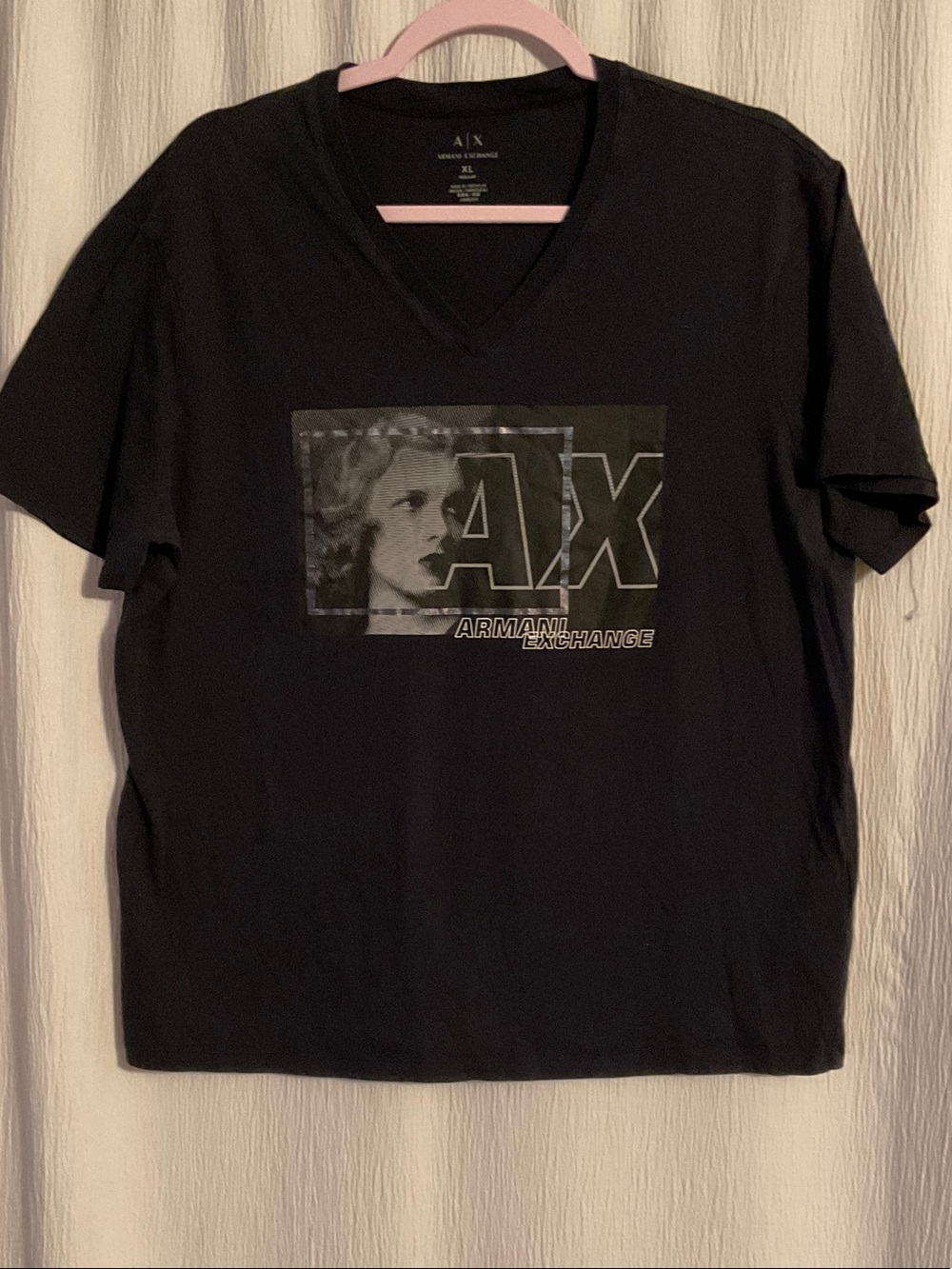 Armani Exchange Black V-Neck Tee with Gray Graphic